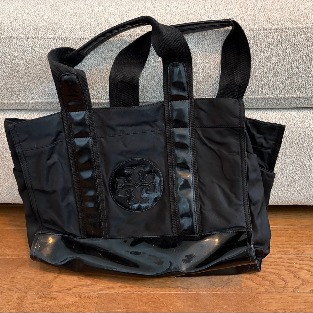 Tory Burch Black Nylon Tote with Patent Accents